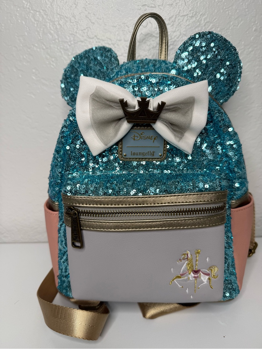 Disney Loungefly Carousel Teal Sequin Mini Backpack with Bow
